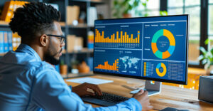 Analyzing CRM dashboard with charts, showcasing AI-driven sales insights and pipeline management.